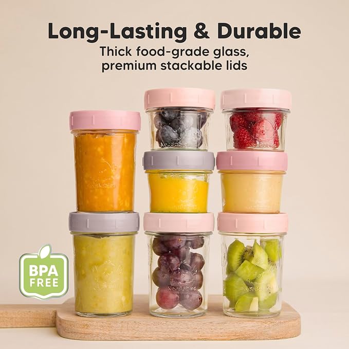 KeaBabies 4pk 8oz & 4pk 4oz Glass Baby Food Containers with Lids - Leak-Proof, Microwavable Small Glass Jars,Baby Purees & Toddler Snack Storage Containers,BPA-Free,Dishwasher & Freezer Safe(Roseate)-CubbioJoy