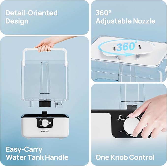 CHIVALZ 6L Humidifiers for Bedroom Large Room Home, Cool Mist Top Fill Humidifiers for Baby Nursery and Plants, 26dB Quiet, Nightlight, Up to 50 Hours, Oil Diffuser 1 Pack + 2 Mist Outlets White-CubbioJoy