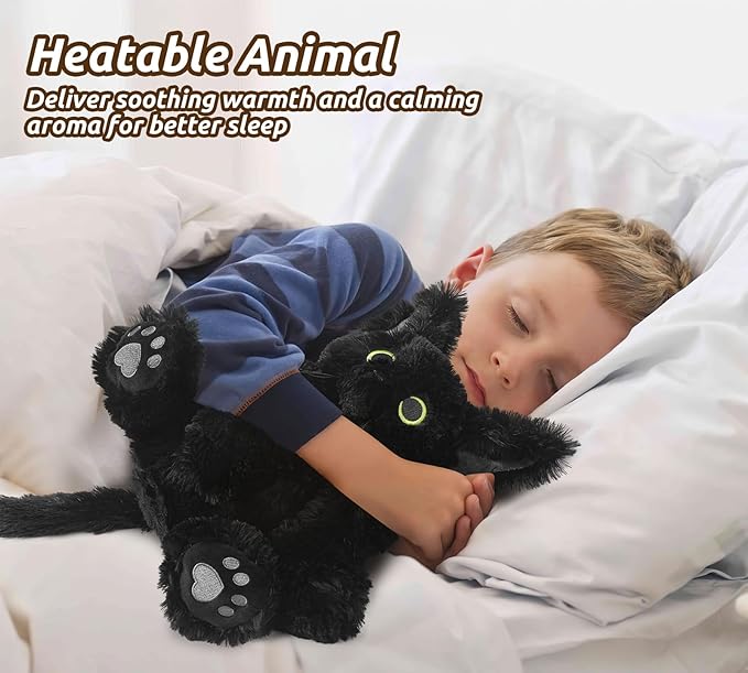 Cuckool Black Cat Stuffed Animals, Microwavable Stuffed Animals Heating Pad for Cramps, Pain Stress Relief, Heatable & Coolable Lavender Scented Cat Plush Toys for Anxiety, Women & Kids Bedtime-CubbioJoy