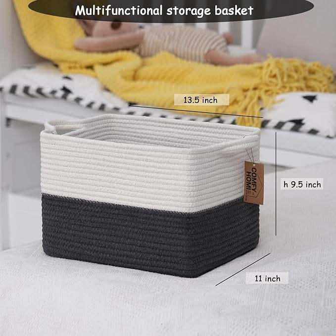 COMFY-HOMI Cotton Rope Woven Basket with Handles for Shelves,Toys,Book, Cloth Storage Baskets Bin for Organizing-13.5"x11"x9.5" Toy Decorative Organizer for Living Room, Bathroom-White/Dark Grey-CubbioJoy