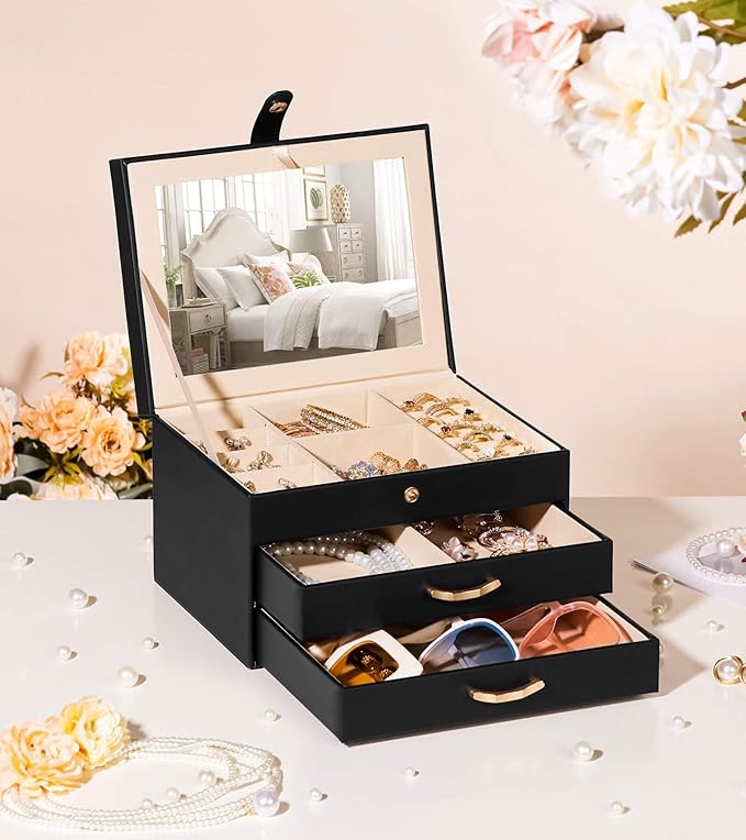 Black Jewelry Box Organizer: Home Decor for Women - 2-Drawer Holder for Valentine’s Day Birthday Christmas Black Gold-CubbioJoy