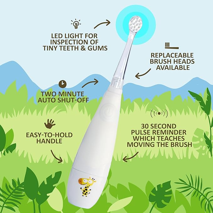 Jack N' Jill Tickle Tooth Sonic Electric Toothbrush with Replacement Head - Gentle Cleaning, Made for Tiny Teeth, LED Inspection Light, for Babies & Kids, Extra Soft Bristles - (1 Pack)-CubbioJoy