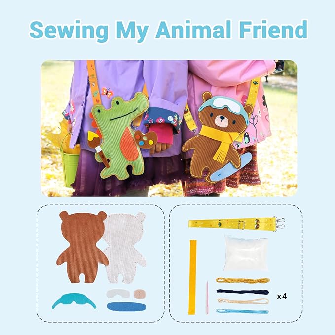Avenir Sewing Kit for Kids Birthday Gifts for Kids Aged 6 Corduroy Fabric With Shoulder Strap Safe Needles Pre-cut Felt Easy DIY Arts and Crafts for Boys and Girls Stuff No Mess with Full Instructions-CubbioJoy