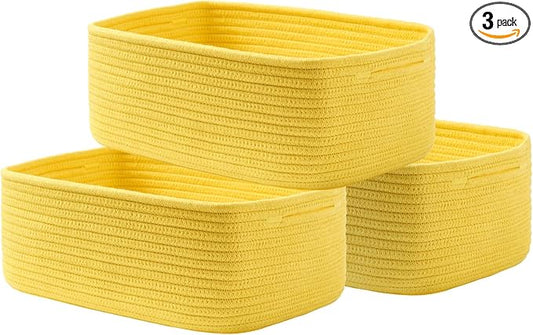 KALLAX Small Woven Basket, 13.5 x 9.5 x 5 Inches, Storage Basket for Organizing, Cute Small Rope Shelf Closet Cube Storage Bins Baskets for Shelves, Dog Toy Gift Baskets Empty, 3 Pack Yellow-CubbioJoy