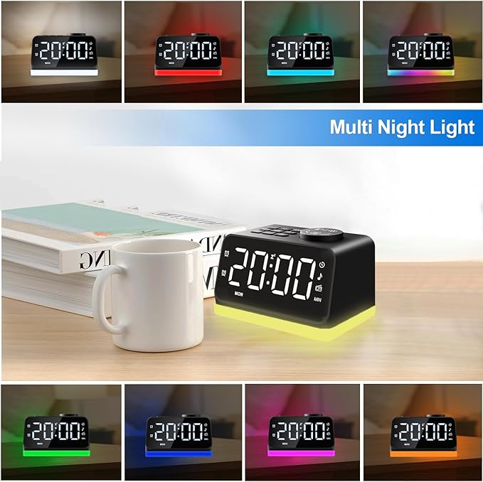 Digital Alarm Clock with FM Radio for Bedroom, 8 Colors Night Light with 2 Charging Port, Sleep Sound Machines with Timer, Dual Alarm, Loud Alarm and Easy to Use for Seniors and Kids as Gift (Black)-CubbioJoy