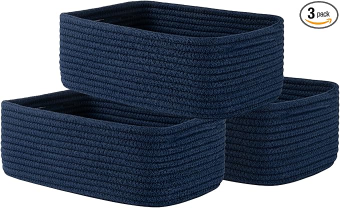 KALLAX Small Woven Basket, 12 x 8 x 4.5 Inches, Storage Basket for Organizing, Cute Small Rope Shelf Closet Cube Storage Bins Baskets for Shelves, Dog Toy Gift Baskets Empty, 3 Packs, Navy Blue-CubbioJoy
