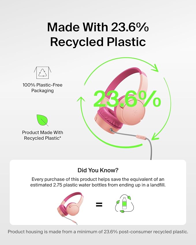 Belkin SoundForm Mini Kids Wired Headphones w/USB C to 3.5mm Dongle, Built-in Mic & Fun Stickers, 85dB Max Volume – for Online Learning, Travel, Compatible w/iPhone 16, iPad, Galaxy S25, etc - Pink-CubbioJoy