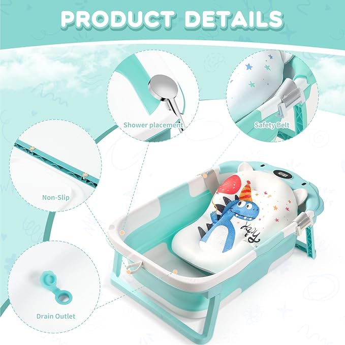 Baby Bathtub,Collapsible Baby Bath Tub with Thermometer & Soft Floating Cushion,Portable Travel Baby Bathtubs for Newborns to Toddlers 0-36 Months(Bear Green)-CubbioJoy