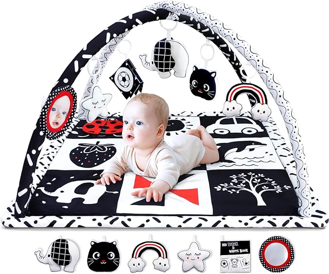 Black and White Baby Gym Play Mat with 6 Toys Tummy Time Activity Mat for Babies 0-6 6-12 Months High Contrast Baby Gyms & Playmats Sensory Toys Newborn Brain Development Infant Play Mat-CubbioJoy