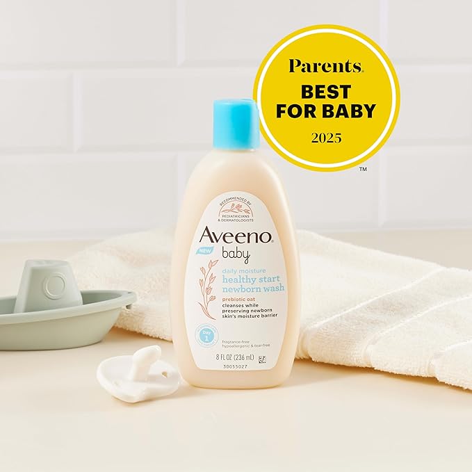 Aveeno Baby Healthy Start Nourishing Newborn Wash, Hypoallergenic Baby Body Wash with Prebiotic Oat Gently Cleanses Delicate Newborn Skin, Fragrance-Free, Tear-Free, Paraben-Free, 8 fl. oz-CubbioJoy