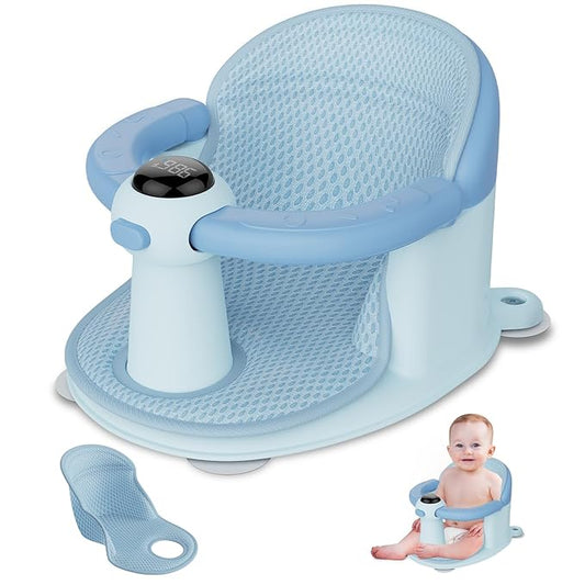 Baby Bath Seat-for Babies 6 Months & up, Water Temperature Display+Soft Cushion, Non-Slip Toddler Bath Seat for Baby, Sit Up Bath Seat for Baby, Blue-CubbioJoy