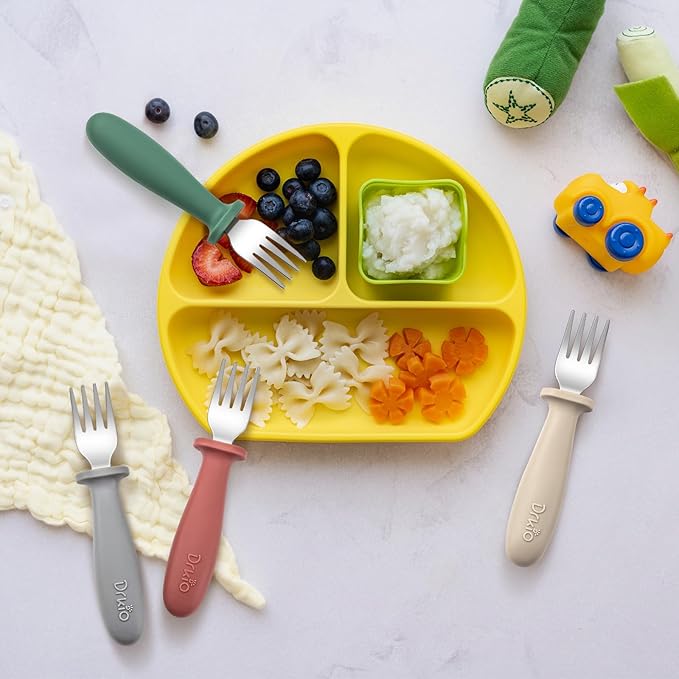 DRKIO 8 Pieces Toddler Forks Set - Baby Forks with Silicone Handle Children safe 18/8 Stainless Steel Toddler Utensils Set for Self Feeding Kids Silverware Anti-Choke Design Food Grade Dishwasher Safe-CubbioJoy