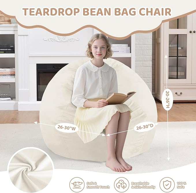 2FT Bean Bag Chair, Comfy Bean Bag Chairs with Memory Foam Filled, Fluffy Beanbag Sofa with Dutch Velvet Cover, Teardrop BeanBag Chairs for Living Room, Playroom - Beige-CubbioJoy