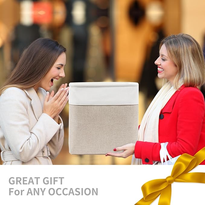 13x13 Cube Storage Bins, Collapsible Fabric Storage Box, 4 Pack Closet Baskets with Handles for Organizing, Shelf, Toys, Clothes, Home, Office, Nursery (Beige&White)-CubbioJoy