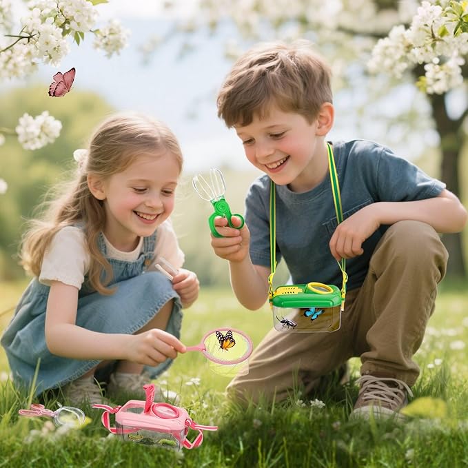 2 Set Bug Catcher for Kids- Educational Bug Catching Kit Including Butterfly Net, Insect Clip, Tweezer, Outdoor Toys for Kids Ages 3-10 (Pink & Green)-CubbioJoy