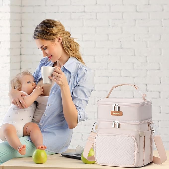 Insulated Breastmilk Cooler Bag with Ice Pack - Holds 6x9oz Bottles, Leakproof Double Layer, Adjustable Strap for Nursing Moms, Daycare & Travel,Pearl White-CubbioJoy