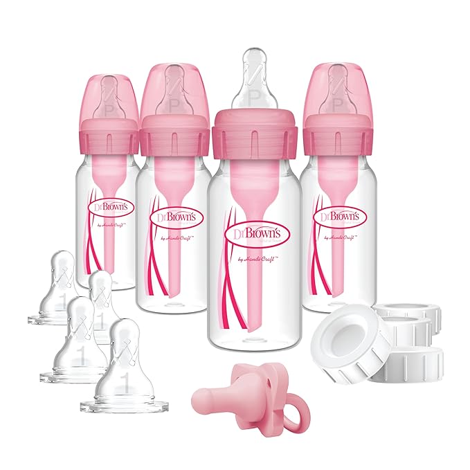 Dr. Brown's Anti-Colic Baby Feeding Set with Slow Flow Nipples, Travel Caps, Silicone Pacifier - Pink-CubbioJoy