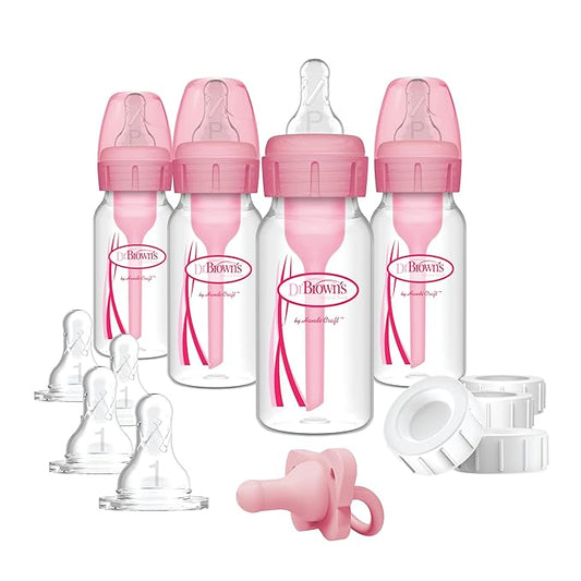 Dr. Brown's Anti-Colic Baby Feeding Set with Slow Flow Nipples, Travel Caps, Silicone Pacifier - Pink-CubbioJoy