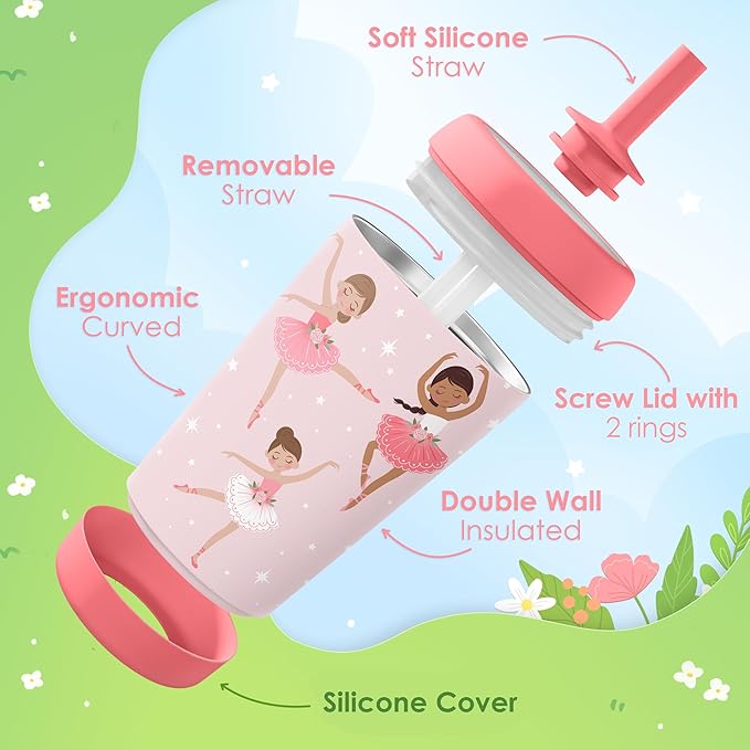 Kid Insulated Stainless Steel Tumbler with Silicone Straw, 12oz Sippy Cup for Kids (Pink Ballerina)-CubbioJoy