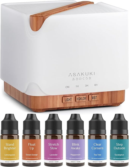 ASAKUKI Essential Oil Diffuser 700ml, Ultrasonic Aromatherapy Humidifier with Top 6 Essential Oils Set, 7 LED Colors, Timer & Auto-Off, Large Room Diffuser-CubbioJoy