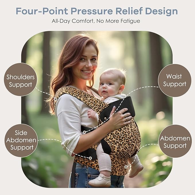 Baby Carrier with Lumbar Support, Cozy Baby Carrier Newborn to Toddler with Adjustable Seat Size, Ergonomic Infant Carrier with 3-Way Carry, Front Facing Toddler Hodler Carrier for Mom & Dad, Leopard-CubbioJoy