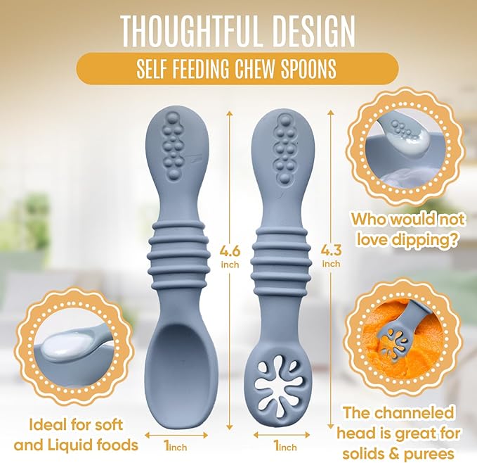 4pc Silicone Baby Spoons Self Feeding Baby Utensils 6-12 Months - 3 Baby Spoon - 1 Baby Fork - Toddler Cutlery Set - BPA Free, Dishwasher Safe - Baby Eating Essentials (Gray/Beige)-CubbioJoy
