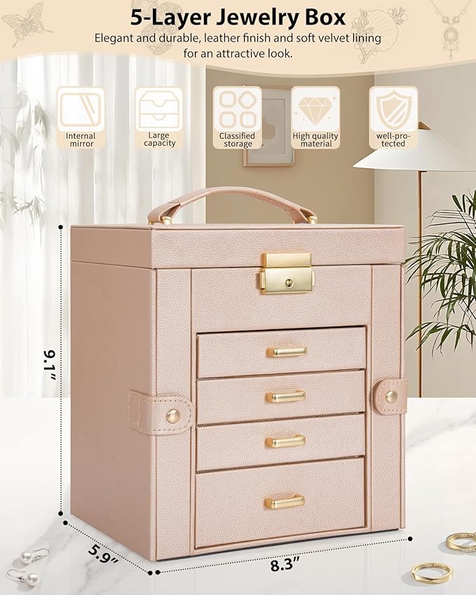AKOZLIN 5-Tier Jewelry Box Leather Jewelry Storage Organizer with 4 Drawers Lockable for Women Girls Ring Necklace Earring Bracelet Watches Holder with Mirror Champagne-CubbioJoy