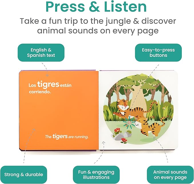 Binibi Spanish Books for Babies & Toddlers 1-3 La Selva Bilingual Sound Book with Jungle Animal Sounds | Bilingual Children's Book | Support Spanish Learning for Kids | Libro en español para bebés-CubbioJoy