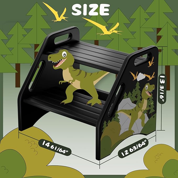 AMBIRD Toddler Step Stool, Dinosaur Wooden Two Step Stool for Kids with Non-Slip Pads, Portable Potty Training Stool with Handles for Bathroom, Sink, Kitchen, Bedroom-CubbioJoy