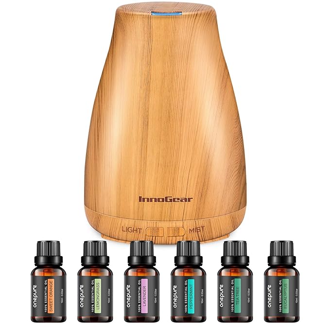 InnoGear Essential Oil Diffuser with Oils, 100ml Aromatherapy Diffuser with 6 Essential Oils Set, Aroma Cool Mist Humidifier Gift Set, Yellow Wood Grain-CubbioJoy