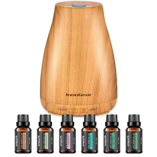 InnoGear Essential Oil Diffuser with Oils, 100ml Aromatherapy Diffuser with 6 Essential Oils Set, Aroma Cool Mist Humidifier Gift Set, Yellow Wood Grain-CubbioJoy
