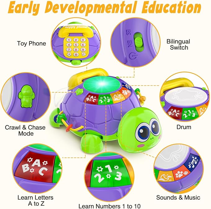 Baby Toys 6-12 Months, Musical Turtle Crawling Tummy Time Development Light up Infant Toys 12-18 Months, Bilingual Educational Boy Girl Gifts Toy for 3-6 4 5 7 8 9-12 Month-CubbioJoy