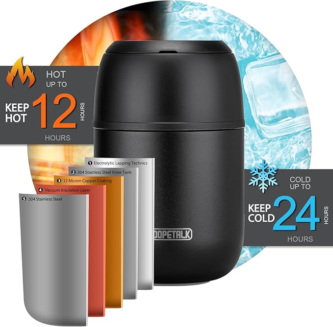 17 oz Insulated Lunch Containers, Black, Vacuum Stainless Steel Thermo Lunch Box with Handle and Folding Spoon for School, Office, Travel-CubbioJoy