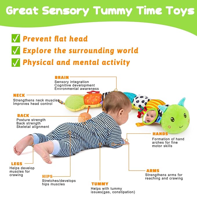 Baby Sensory Toy 0-6 Month Music Animal Stuffed Plush Caterpillar Toy for Infant 0-3-6 Month Tummy Time with Baby Mirror Crinkle Rattle for 6-12 Month Carseat Toys for Newborn Boys Girls Shower 1-CubbioJoy