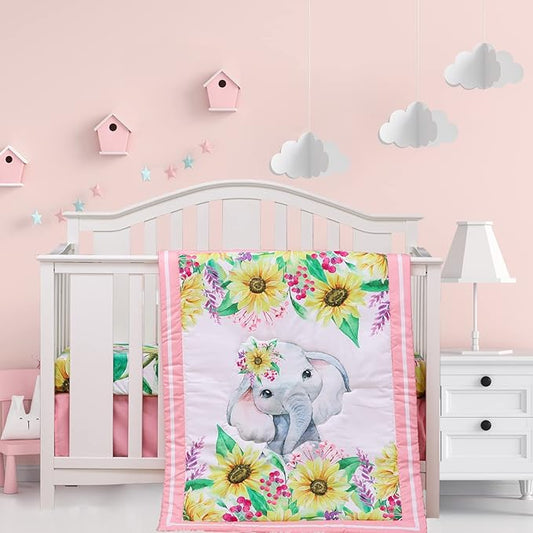 Cloele Crib Bedding Set for Baby Girls - 3 Piece Elephant Baby Bedding Set includes Pink Crib Skirt Crib Quilt Fitted Sheet - Sunflower Soft Nursery Comforter Bedding Set for Girls-CubbioJoy