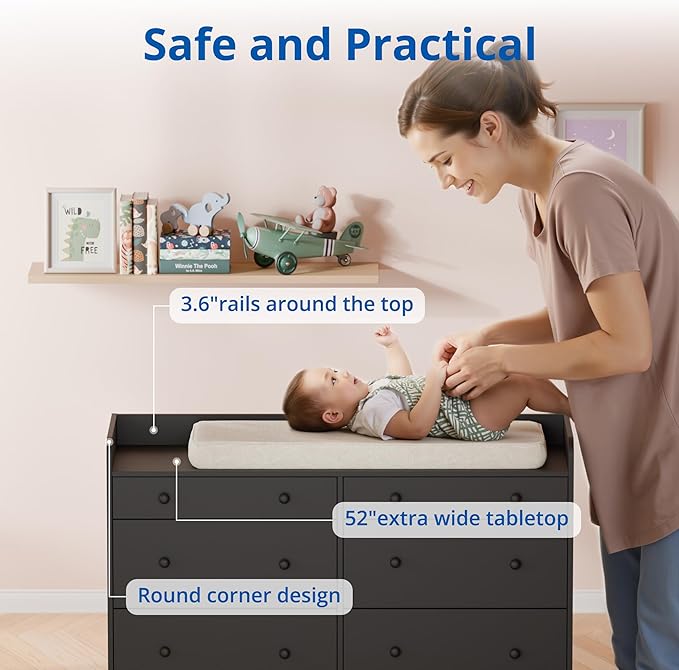 Cozy Castle Baby Dresser with 6 Drawers and Large Table Top, Multi-Functional Chest of Drawer, Drawer Dresser with Three-Sided High Rails for Nursery, Children's Room, Bedroom, Black-CubbioJoy