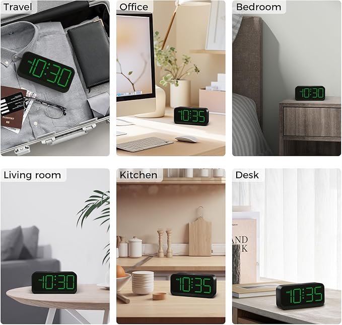 Battery Operated Digital Clock: Cordless Small Alarm Clock for Bedroom Travel - Large Numbers 4 Dimmers for All Ages Green Digits-CubbioJoy