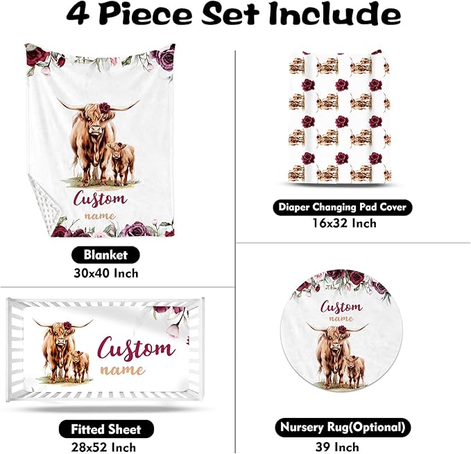 Custom Nursery Crib Bedding Set: Personalized Name 4 Piece Rose Highland Cow Design Baby Crib Sets for Girls - Toddler Double Layer Blanket Set, Comfortable Crib Bed Sheets for Baby Toddlers-CubbioJoy