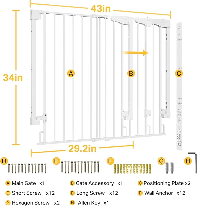 Cumbor 34" Extra Tall No Bottom Bar Baby Gate for Stairs, Auto Close Dog Gate Indoor for Larger Pets, 29.2-43" Hardware Mounted Safety Gate for Doorways, Wide Walk Thru Door for Easy Access (White)-CubbioJoy
