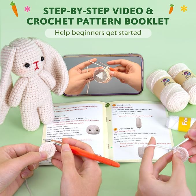 Crochetta Crochet Kit for Beginners, Crochet Starter Kit w Step-by-Step Video Tutorials, Beginner Crochet Kit Knitting Supplies for Adults Kids, Crochet Bunny(40%+ Yarn)-CubbioJoy