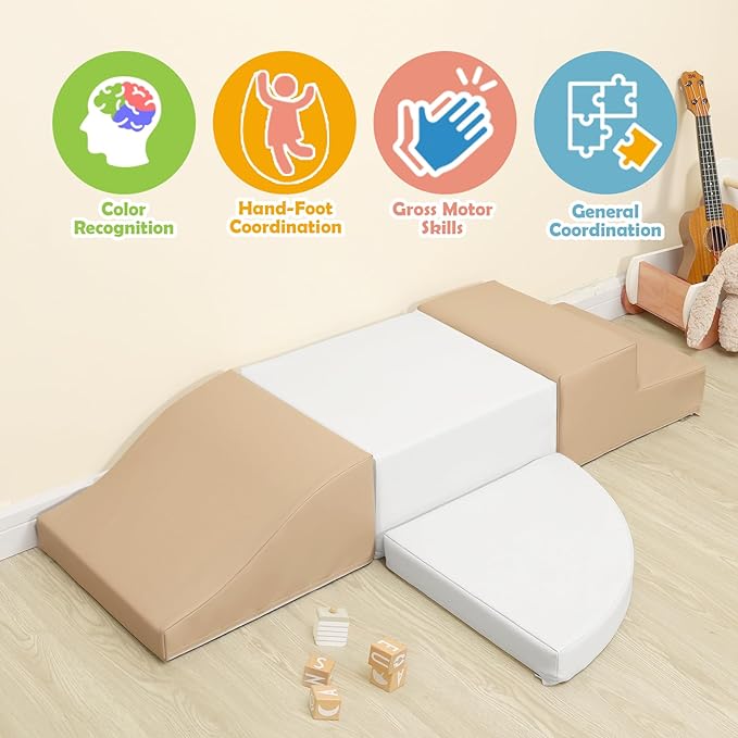 4-Piece Soft PU Leather Toddlers Climbing Toys, Baby Foam Climbing Blocks for Toddlers 3, Foam Play Gym Climbing Structures, Indoor Climb and Crawl Activity Play Set (White and Coffee)-CubbioJoy