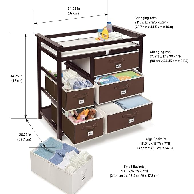 Badger Basket Modern Baby Changing Table with 6 Storage Drawers and Pad, Diaper Change Station - Espresso-CubbioJoy