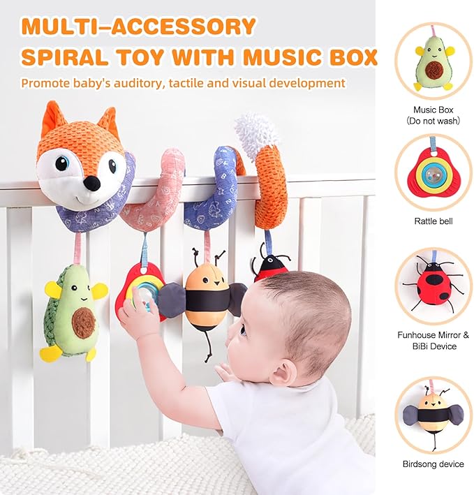 Jollybaby Baby Car Seat Stroller Toys, Plush Activity Hanging Spiral Activity Pram Crib with Music Box, Rattles, Squeaker for Babies Infant Boys Girls(Orange Fox)-CubbioJoy