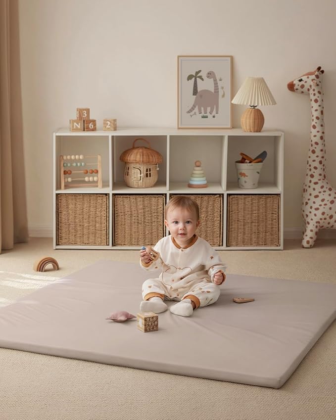 Blissful Diary Vegan Leather Baby Play Mat, 50x50 Thicken Foam Cushioned & Waterproof Playpen Mat for Infants and Toddlers, Stylish and Just Wipe-Clean Playmat for Baby Play on Floor, Taupe-CubbioJoy