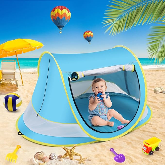 Baby Beach Tent,Large Pop Up Beach Tent Sun Shade for Beach,Portable Baby Travel Tent with Mosquito Net,Indoor Baby Play Tent,UPF 50+ UV Protection Sun Shelters for Infants-CubbioJoy