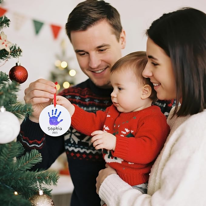 Baby Hand and Footprint Ornament - Baby's Frist Christmas Ornaments with Custom Photo, Name, Date - Personalized Baby Gifts, Newborn Keepsake, New Mom Gifts-CubbioJoy