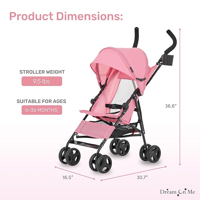 Dream On Me Rover Convenience Baby Stroller in Pink, Lightweight & Compact Umbrella Stroller, Easy one-Hand fold Travel Stroller, Lockable Rear Wheels, Removable & Adjustable Canopy-CubbioJoy