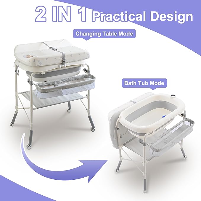 2-in-1 Baby Bathtub with Changing Table, Foldable Diaper Changing Station with 4 Wheels, Waterproof Pad, Storage Rack and Baby Bath Tub, Adjustable Height Portable Nursery Organizer for Newborn Infant-CubbioJoy
