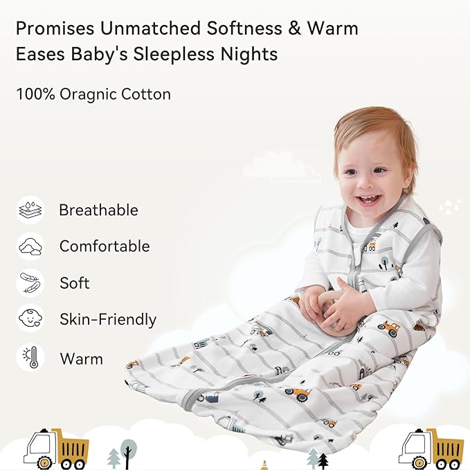 Baby Sleep Sack 0-6 Months 0.5 Tog Wearable Blanket Baby, 3 Pack 100% Cotton Lightweight Sleeping Sack with 2-Way Zipper for Newborn Infant Excavator-CubbioJoy