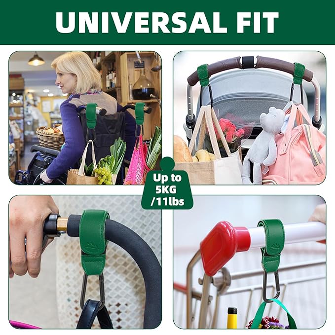 Baby Stroller Hooks Bag Hooks for Hanging Diaper Bags Multipurpose Hooks for Grocery Shopping Bags Premium Vegan Leather Pram Straps 2 Pcs (Green)-CubbioJoy